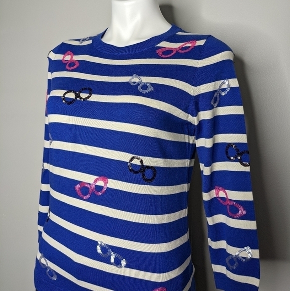 ✨3/$15 Talbots blue white striped sequin glasses sweater S - Picture 4 of 7